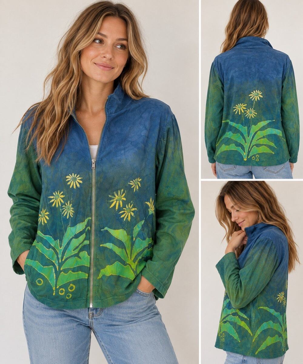 Vintage GREBE BATIK Zip Up Cotton Sweatshirt Women Size XL Made in USA CC